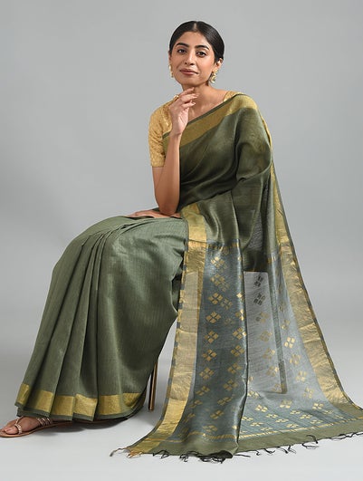 Women Mehndi Green Handwoven Silk X Moonga Saree