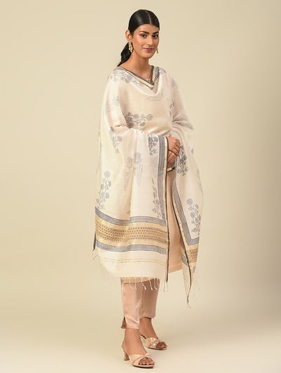 Women White Cotton Silk Block Print Dupatta