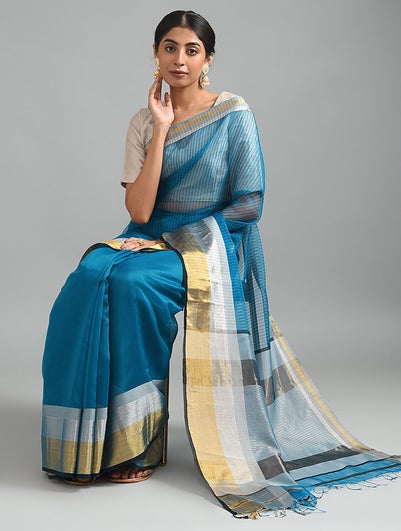 Women Blue Handwoven Moonga Silk Saree