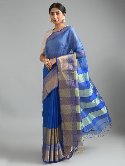 Women Blue Handwoven Silk Cotton Saree