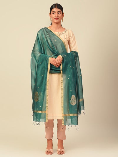 Women Green Cotton Silk Hand Woven Dupatta