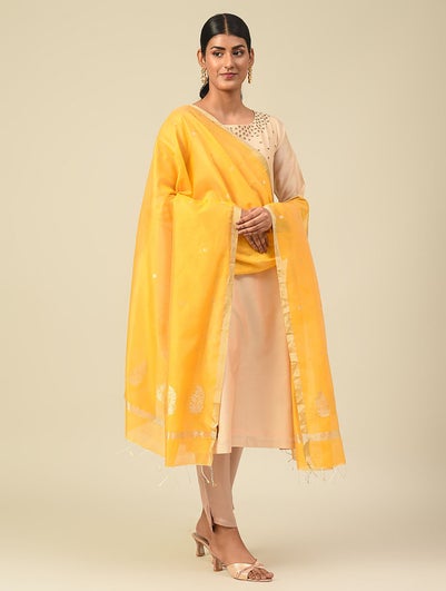 Women Yellow Cotton Silk Hand Woven Dupatta