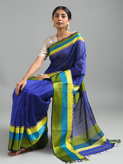 Women Navy Blue Handwoven Silk Cotton Saree