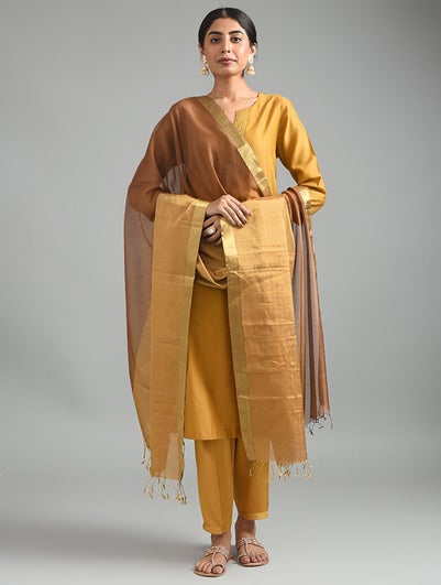 Women Brown Cotton Silk Hand Woven Dupatta