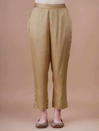 Women Beige Brown Modal Solid Ankle Length Slim Fit Pant - M