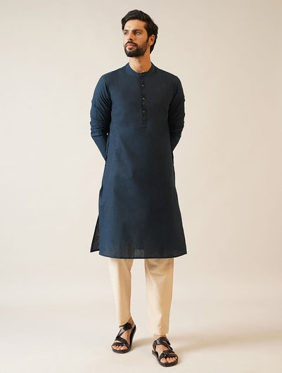 Men Navy Blue Cotton Mandarin Collar Regular Fit Kurta - 38