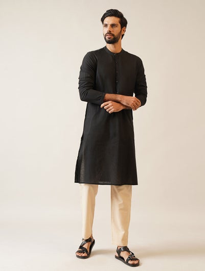 Men Black Cotton Mandarin Collar Regular Fit Kurta