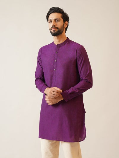 Men Wine Purple Cotton Mandarin Collar Regular Fit Kurta