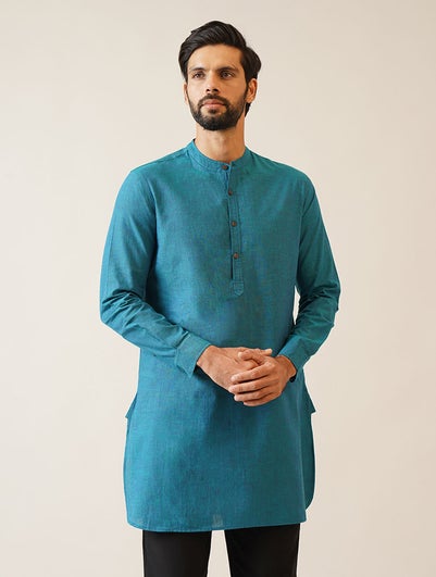 Men Teal Blue Cotton Mandarin Collar Regular Fit Kurta - 40