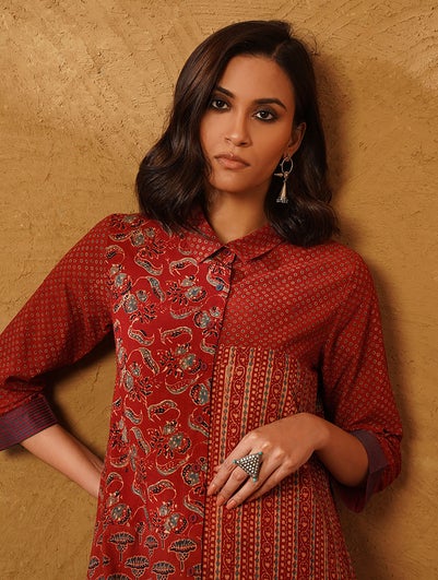 Women Red Cotton Ajrakh Shirt Collar Regular Fit Kurta - XS