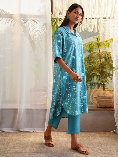 Women Teal Blue Cotton Printed Shirt Collar Dress - S-M