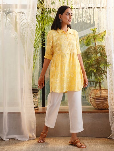 Women Yellow Cotton Printed Shirt Collar Regular Fit Top