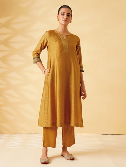 Women Mustard Yellow Silk Hand Embroidery Round Neck Kurta And Slip - S