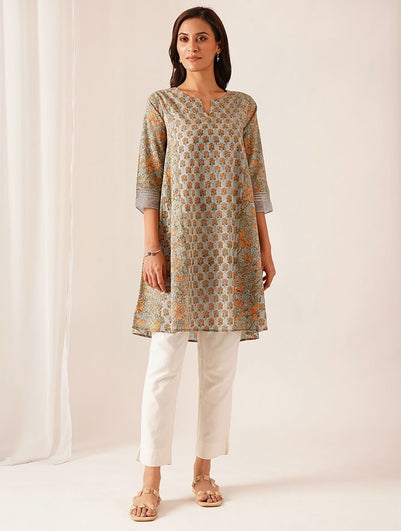 Women Multicolour Cotton Round Neck Regular Fit Kurta - XS