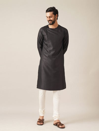 Men Black Silk Blend Mandarin Collar Regular Fit Kurta