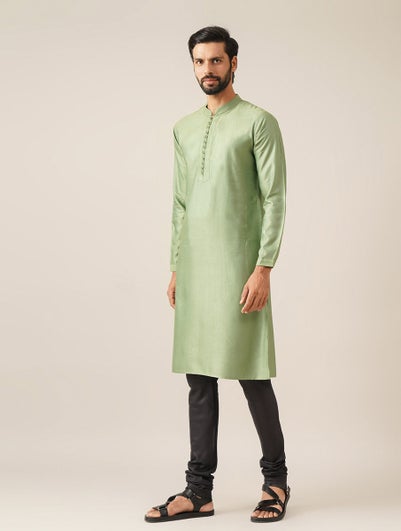 Men Green Silk Blend Regular Fit Kurta