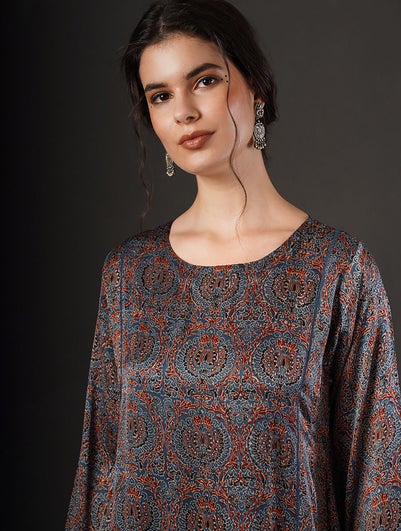 Women Indigo Blue Modal Ajrakh Round Neck Regular Fit Kurta - S