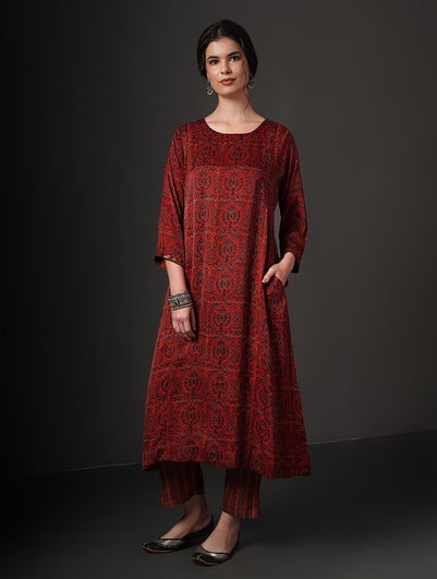 Women Red Modal Ajrakh Round Neck Regular Fit Kurta - S