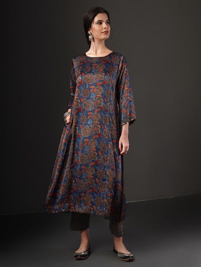 Women Indigo Blue Modal Ajrakh Round Neck Regular Fit Kurta - XS