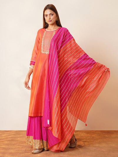 Women Pink Orange Silk Cotton Dupatta With Gota And Tassels