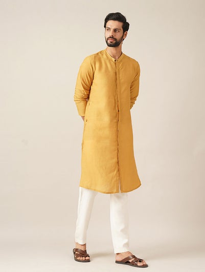 Men Mustard Yellow Viscose Regular Fit Kurta - 44