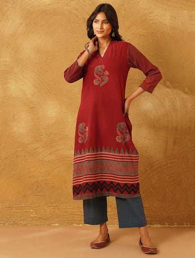 Women Red Natural Dyed Ajrakh Cotton Kurta - XS