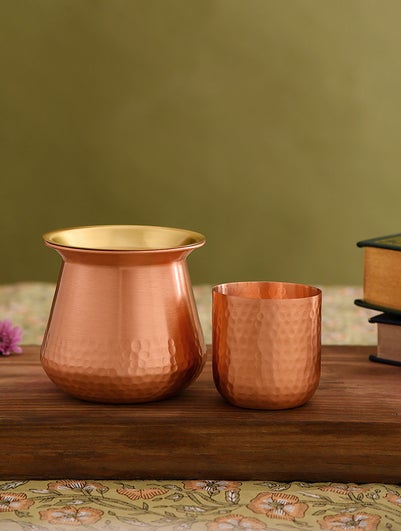 Copper And Brass Lota With Lid And Glass