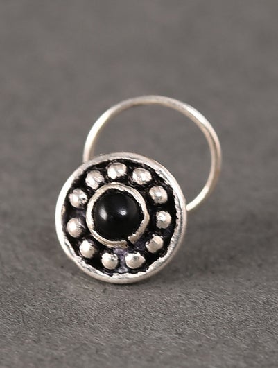 Women Black Tribal Silver Nose Pin