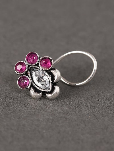 Women Ruby Pink Tribal Silver Nose Pin