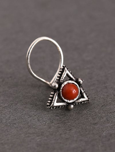 Women Coral Tribal Silver Nose Pin