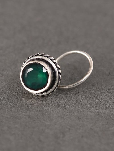 Women Green Tribal Silver Nose Pin