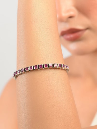 Women Pink Kempstone Encrusted Tribal Silver Bangle - 2/8