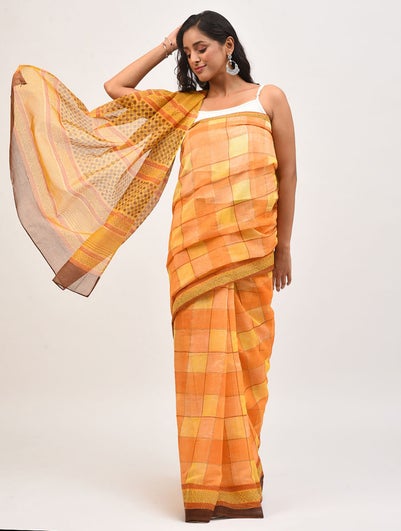 Women Yellow Block Print Chanderi Saree