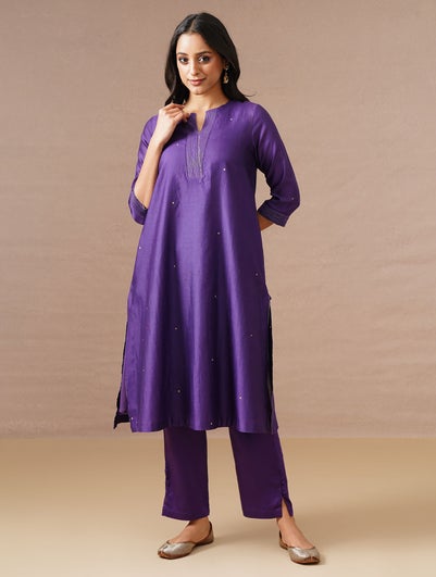 Women Purple Cotton Silk U Neck Regular Fit Kurta - XS