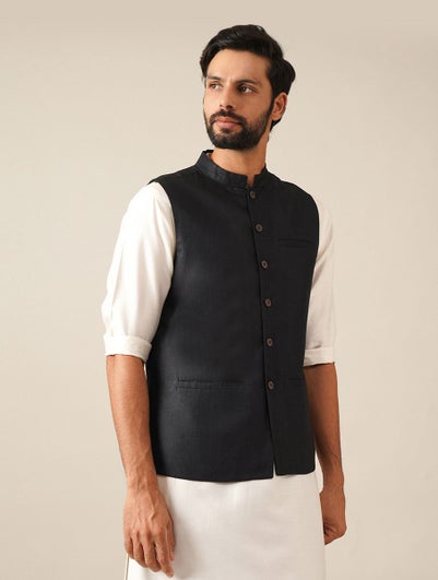 Men Black Silk Blend Regular Fit Nehru Jacket