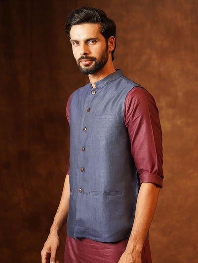 Men Blue Silk Blend Regular Fit Nehru Jacket - 38