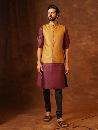 Men Mustard Yellow Silk Blend Regular Fit Nehru Jacket - 44