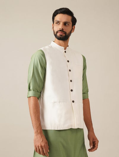 Men Ivory Silk Blend Regular Fit Nehru Jacket