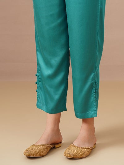 Women Teal Blue Solid Slim Fit Pant