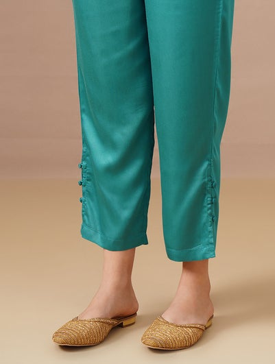 Women Teal Blue Solid Slim Fit Pant - XS