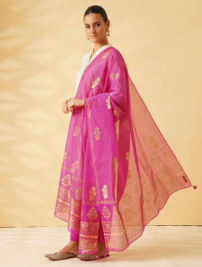 Women Fuchsia Pink Cotton Silk Collection Dupatta