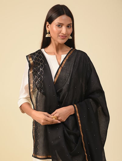 Women Black Kamdani Silk Cotton Stole