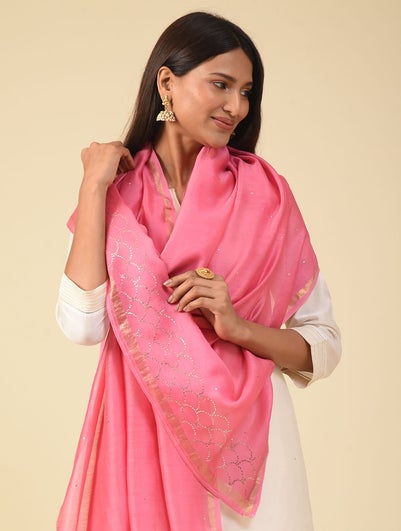 Women Pink Kamdani Silk Cotton Stole