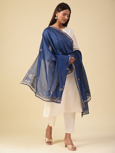 Women Blue Kamdani Silk Cotton Stole