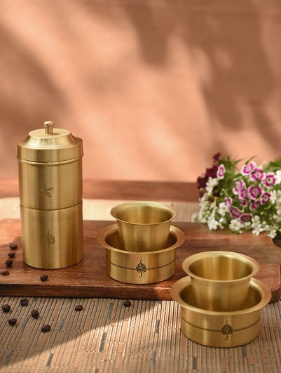 M/S Plus Point Brass Handcrafted Coffee Maker And Dabara Set In A Gift Box