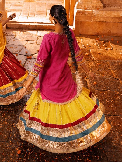 Women Yellow Gota Embroidered Cotton Lehenga - S-M