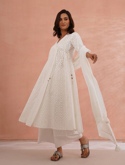 Women White Cotton Block Print V Neck Loose Fit Kurta