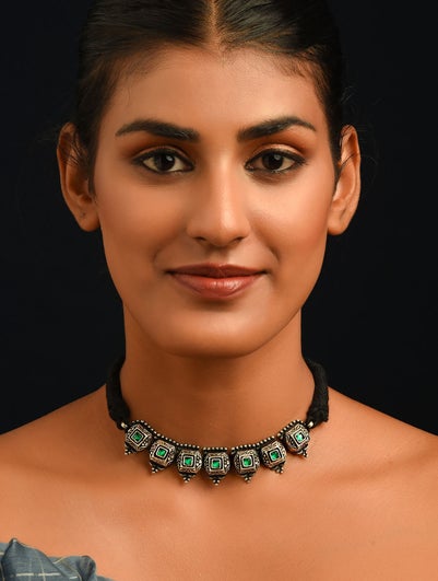 Women Green Tribal Silver Choker Necklace