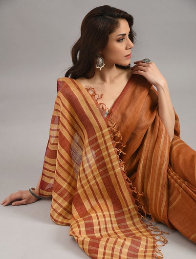 Women Mustard Handwoven Linen Saree