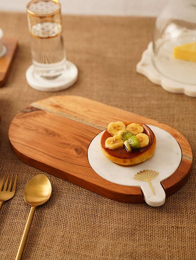 Handcrafted Marble And Wooden Tray With Brass Inlay Work